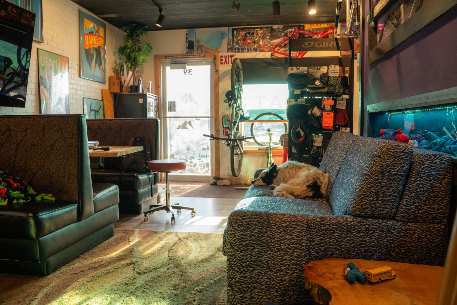The lounge: booths, a big couch, and the shop dog napping
