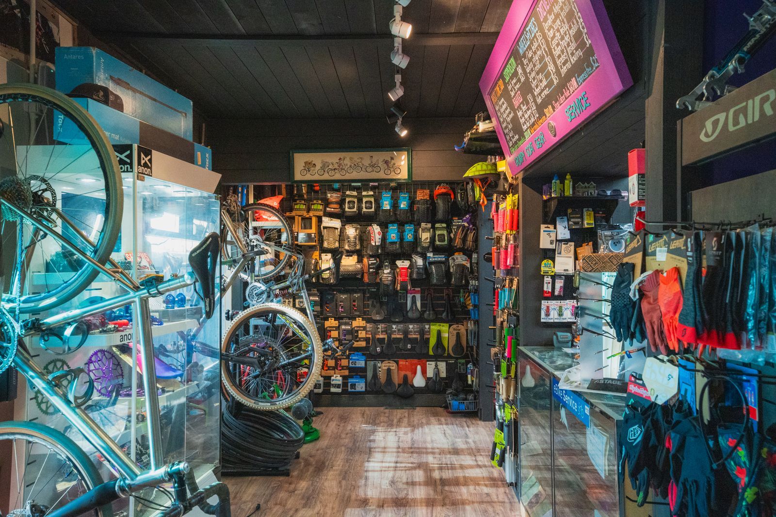 Aisle of apparel, gloves, and accessories inside the shop